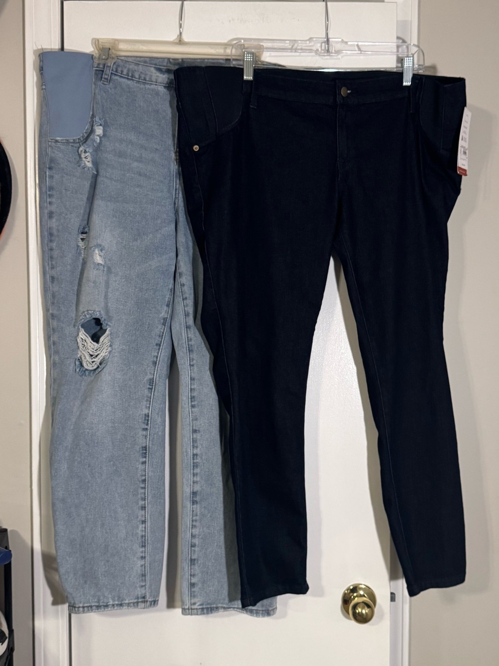 2 pairs Maternity pants one Dark Wash Skinny Jean other light baggy distressed